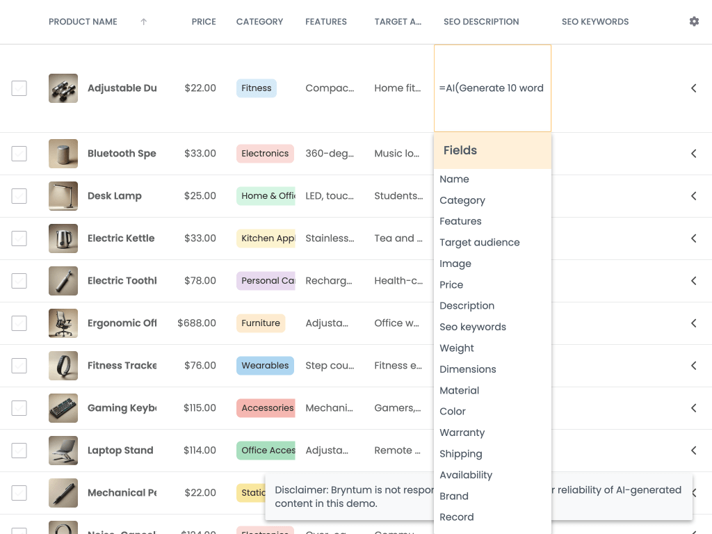 AI-Powered E-Commerce Product Grid - Use the AI FormulaProvider to populate SEO description + keywords in the Grid.