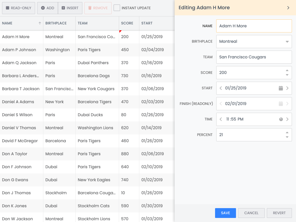 Row edit demo - <p>Demonstrates the RowEdit feature, that edits records in a docked panel.</p> <p>Each column can be configured with an editor, which is activated by double clicking the cell or by pressing [enter] or [F2].</p>