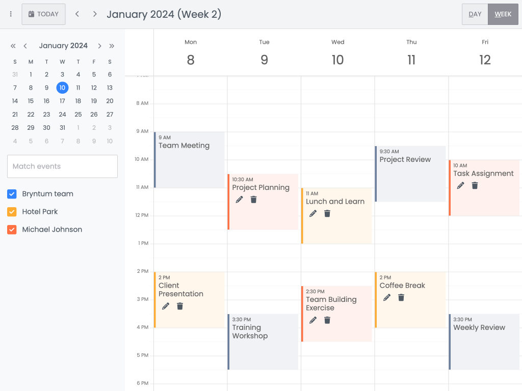 ActionButtons demo - This example shows how to add icon buttons to events in DayViews and WeekViews