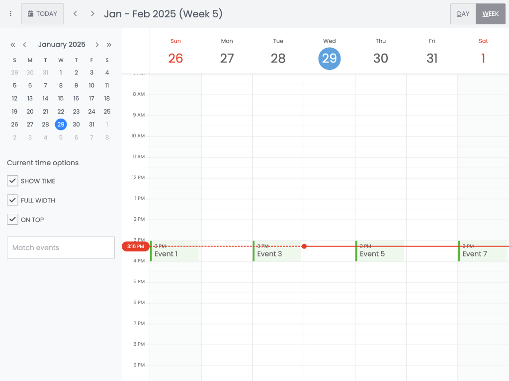 showCurrentTime options - This demo shows the various ways of displaying the 'current time' line