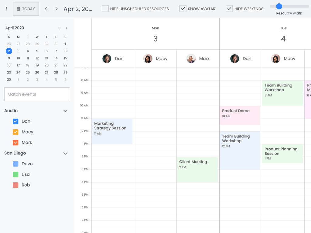 Resources grouped by date - This example shows resources grouped by dates