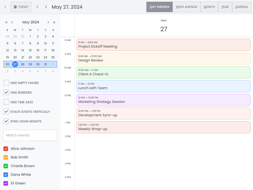 DayAgenda view demo - This example shows the serial DayAgenda view