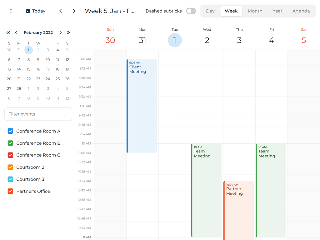 DayView time axis split into six minute ticks
