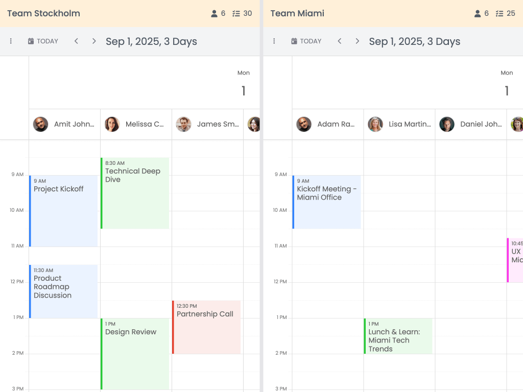 Drag between calendars demo - This example shows how to drag events between different Calendar instances.