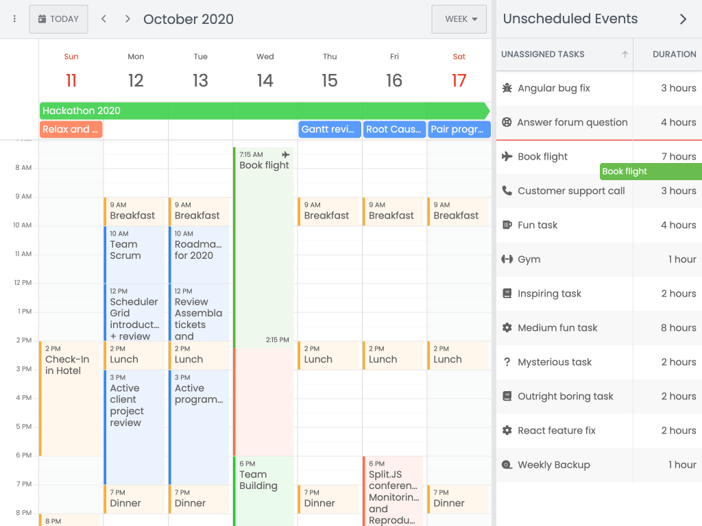 Drag from external source demo - This example shows how to drag events from a grid onto a Calendar.