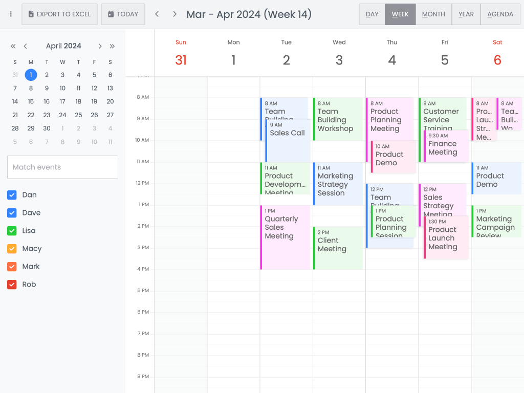 Export Calendar to Excel - This demo shows how to export Calendar events to Excel without involving the server based on a third party library called write-excel-file (https://www.npmjs.com/package/write-excel-file)