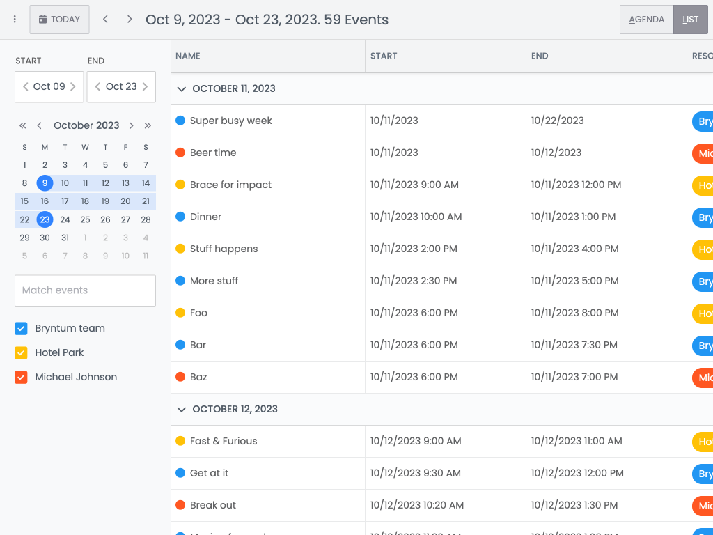 Date range EventList demo - This example demonstrates EventList modes displaying arbitrary date ranges