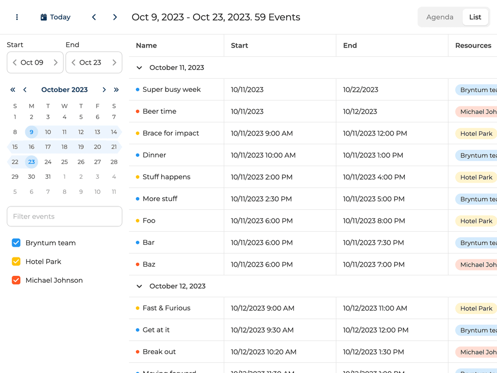 Event lists showing arbitrary date ranges