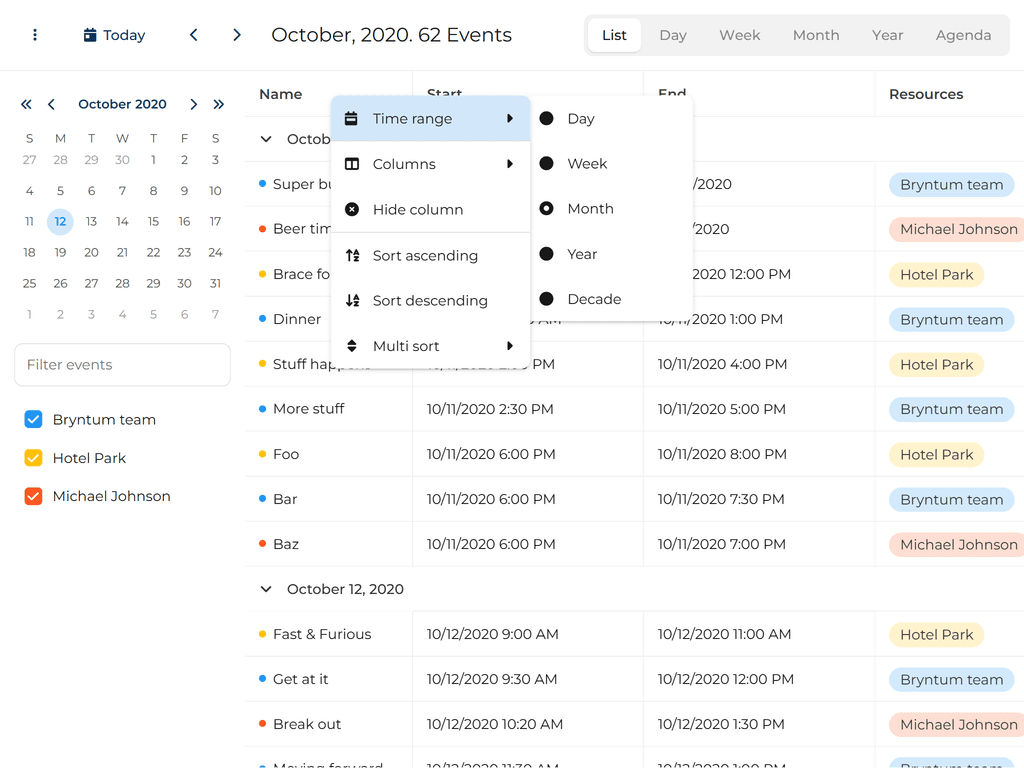 Events viewed in grid form