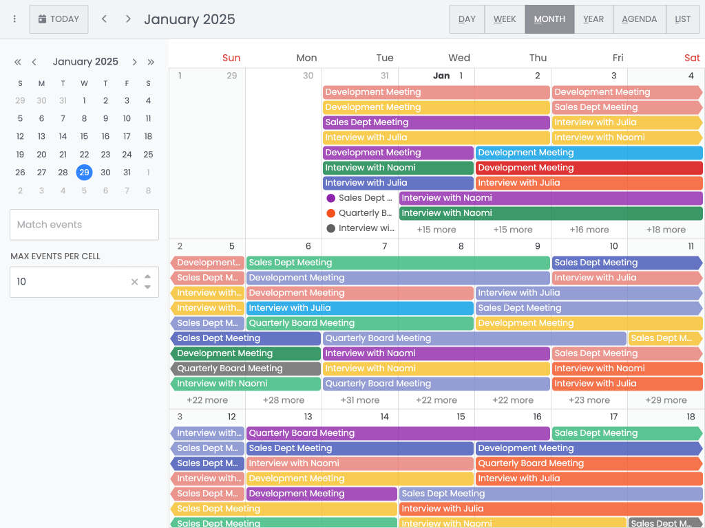 Mega dataset demo - This example shows rapid Calendar navigation with 100,000 events in the store.