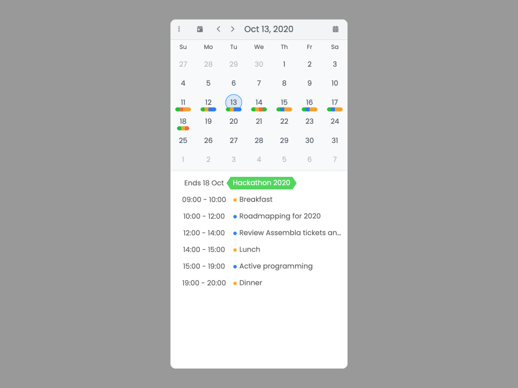 MonthAgenda demo - This example shows a month view suitable for phone sized screens