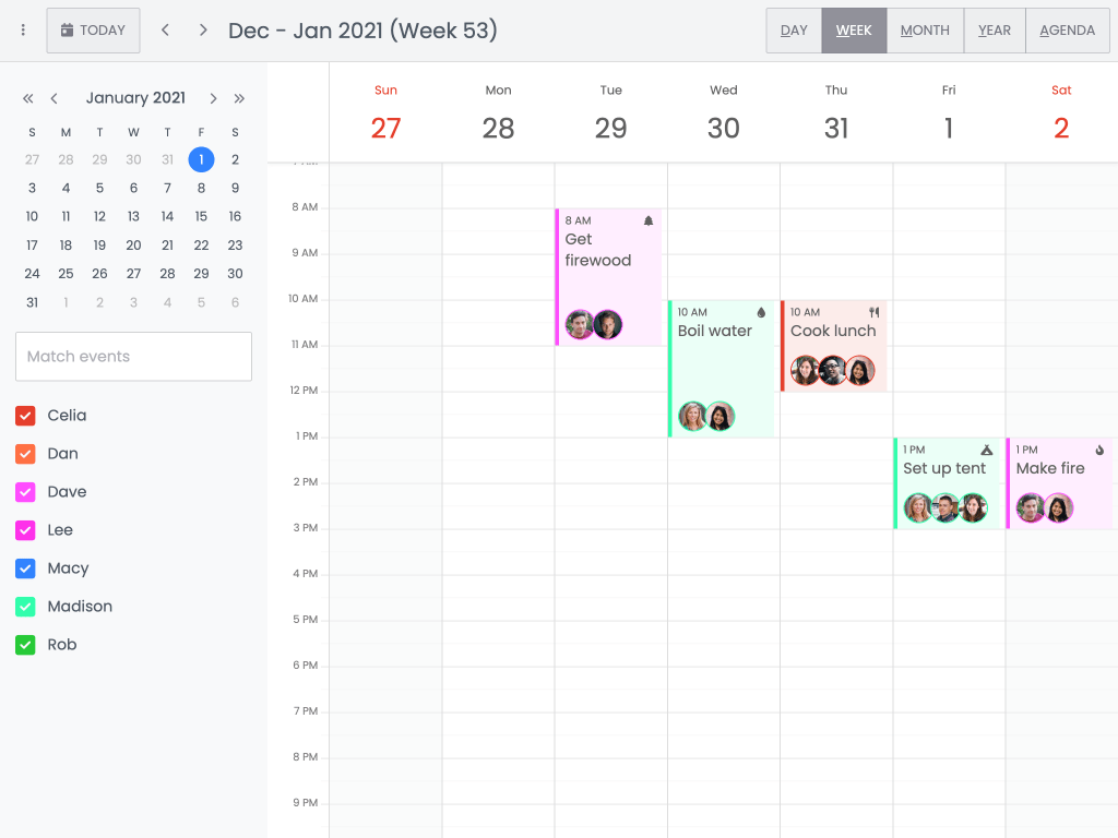 Multi assignment demo - This example shows Calendar with multiple assignment events.