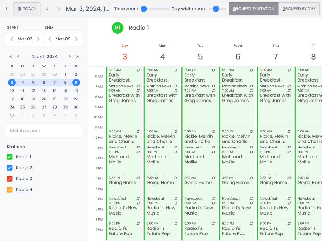 Radio broadcast scheduling demo - This example demonstrates resource views displaying arbitrary date ranges