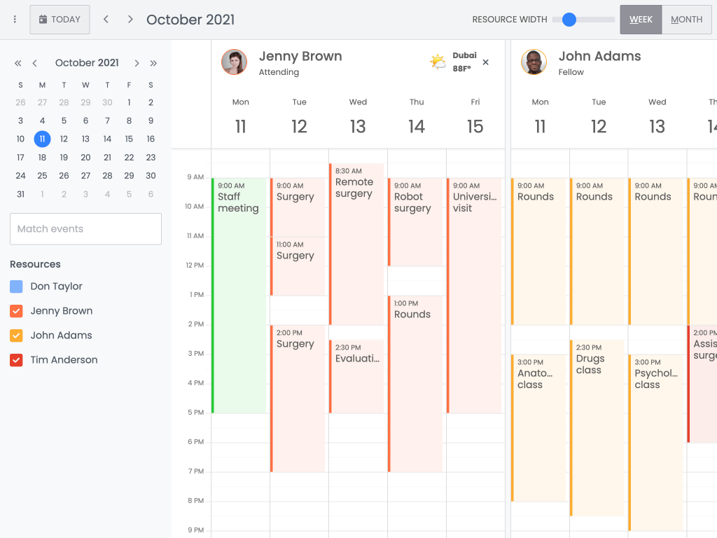 ResourceView demo - This example shows per-resource calendar views.