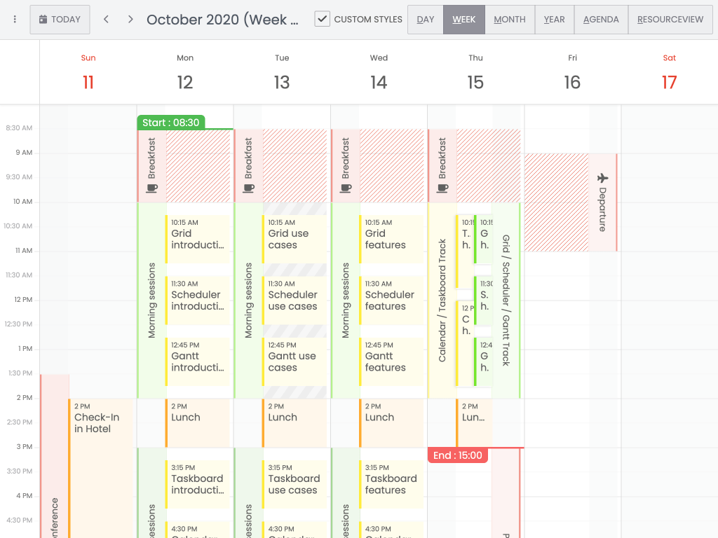 TimeRanges demo - Shows how to use the TimeRanges feature to add vertical zones to the calendar