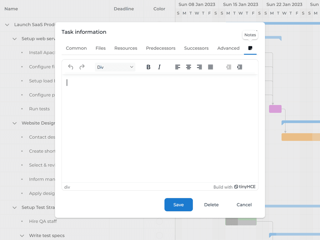 Customizing the task editor with a rich text editor