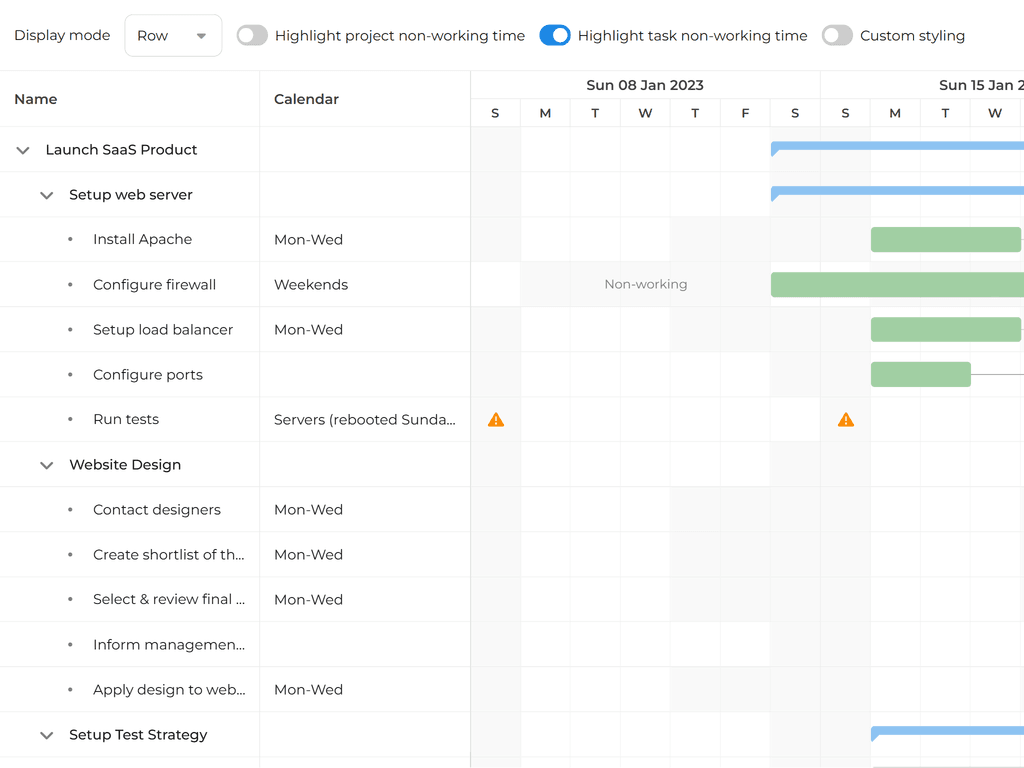 Highlighting task non-working time