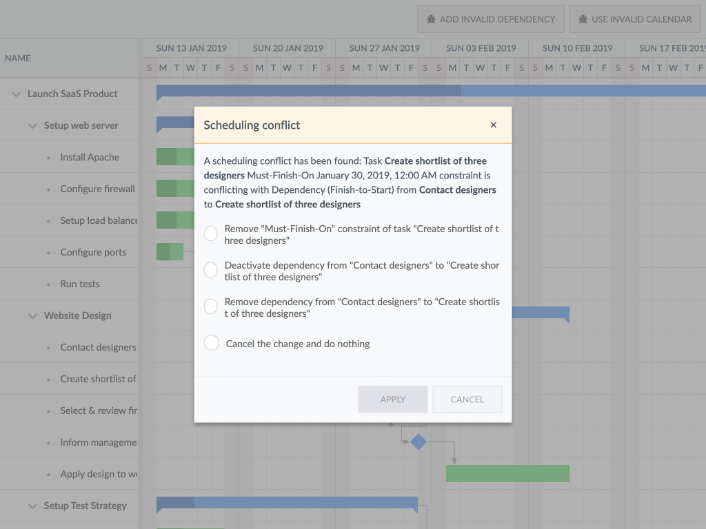 Conflict Resolution Popup - Shows the Gantt chart´s built-in conflict resolution popup in action. It is displayed after a cyclic structure, constraint violation to let the user decide what to do.