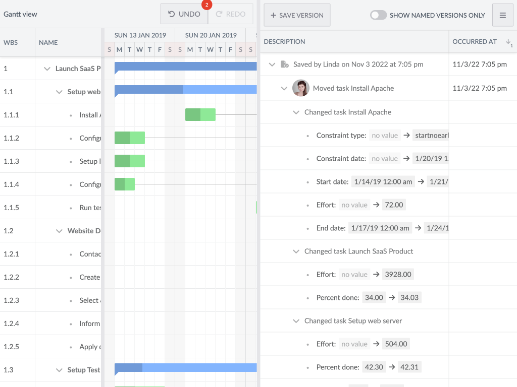 Versioning demo - Shows a Gantt setup with versioning