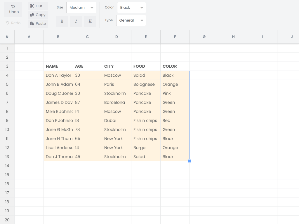 Spreadsheet demo - Demonstrates a whole lot of the Grid's powerful functionality: cell selection, multi-edit, cell-copy-paste, fill handle and more