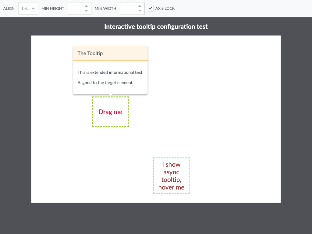 Tooltip - This example illustrates interactively how the various align and constrain options of the Tooltip class play into tooltip behaviour.