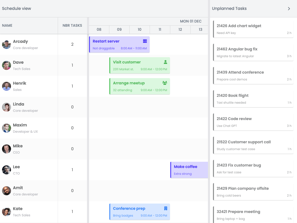 Drag from a grid demo - This example shows how easy it is to drag tasks from a separate list or grid onto the schedule.