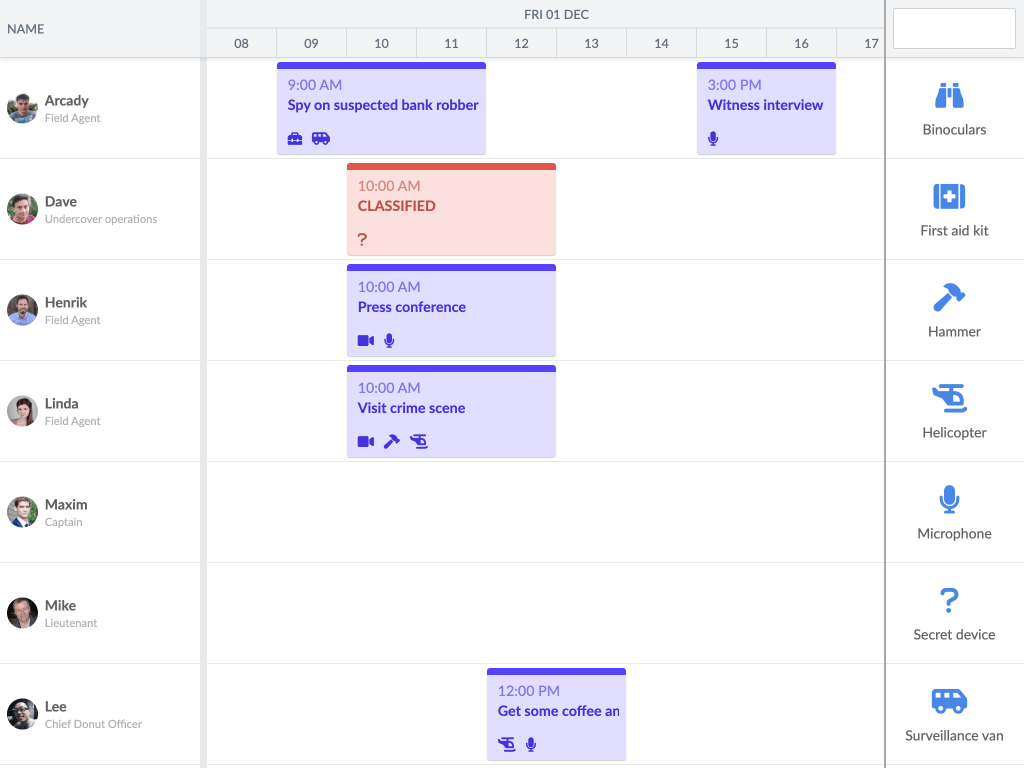 Drag equipment onto tasks - This example shows how to drag any DOM node and drop it onto a task to update some aspect of it.