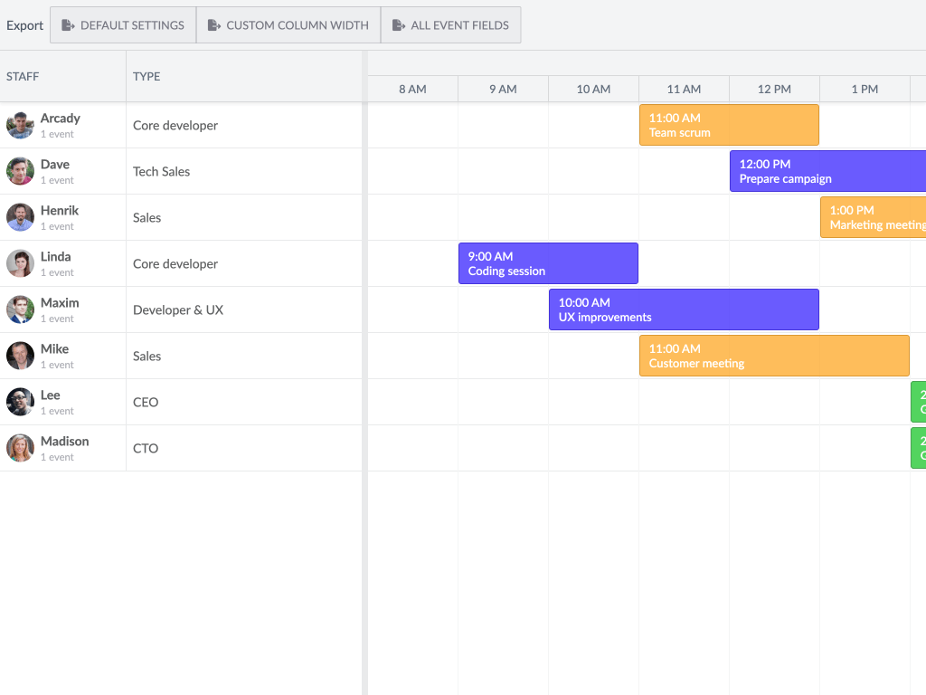 Export Scheduler to Excel - This demo shows a custom solution of exporting Scheduler data to Excel without involving the server based on a third party library called zipcelx (https://www.npmjs.com/package/zipcelx)