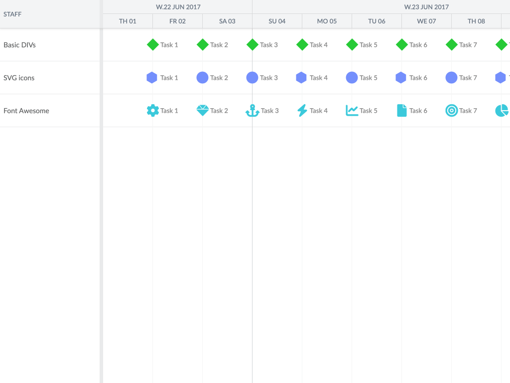 Icons - You can render not only event bars, but also icons representing a milestone.