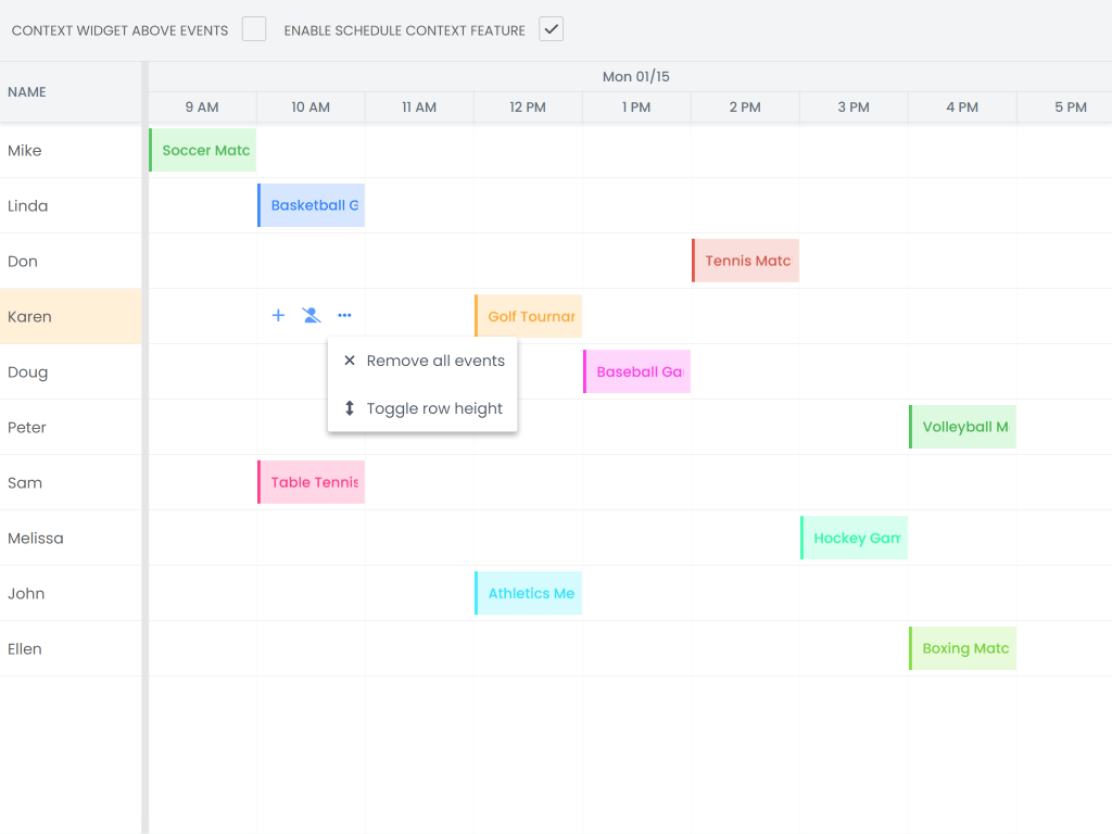 Schedule tick cell hover widget - Shows how to position a widget overlayed at the tick cell that the pointer is hovering