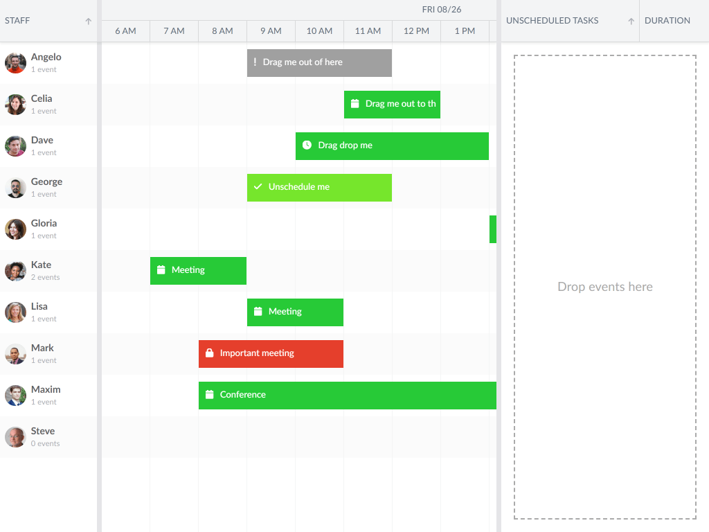 Drag events out of the scheduler - This example shows how to drag events to an element outside the scheduler.