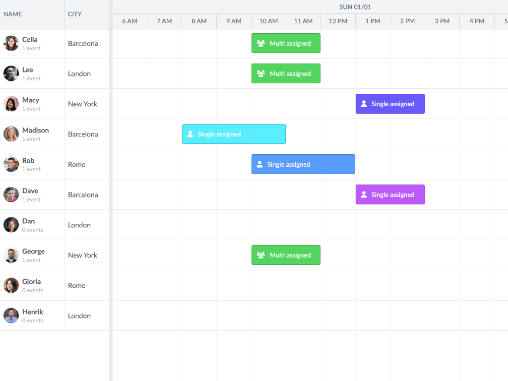 Multi assignment demo - Shows a basic scheduler using an SchedulerAssignmentStore to support multi assignment