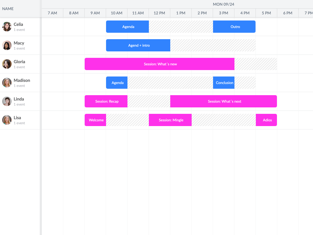 Nested events demo - Shows a more advanced use of eventRenderer to render 'nested events'.