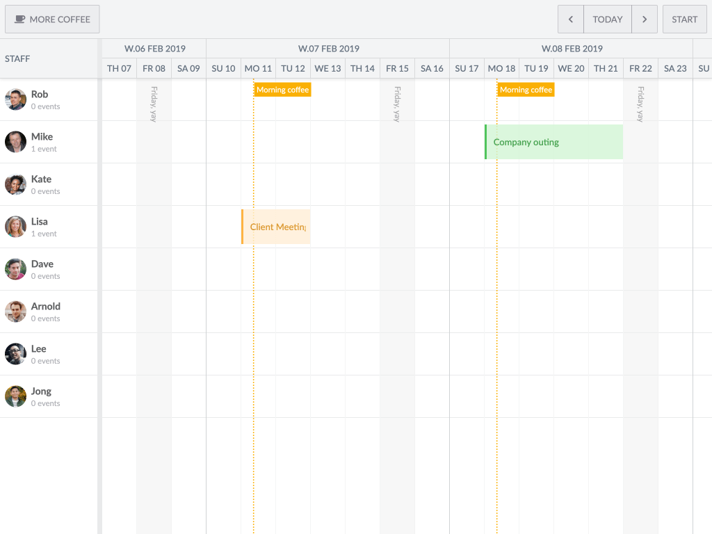 Recurring TimeRanges demo - Shows how to use the TimeRanges feature with the recurring time spans to add repeating vertical lines and zones to the schedule