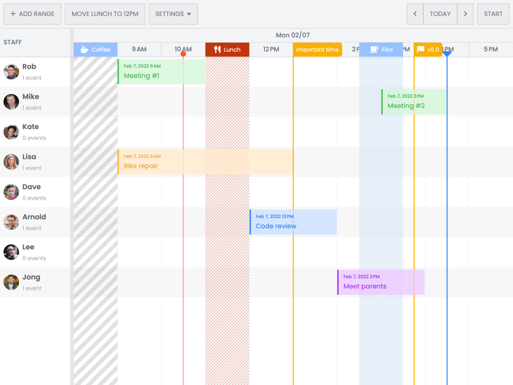 TimeRanges demo - Shows how to use the TimeRanges feature to add vertical lines and zones to the schedule