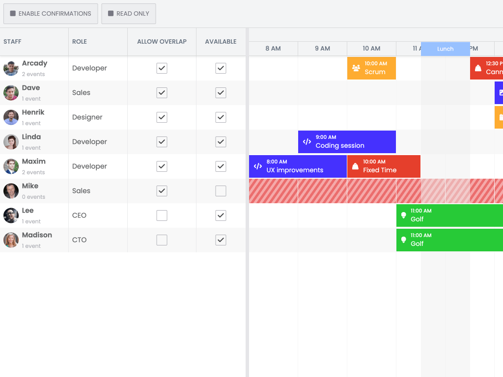 Validation demo - Validation can be done when dragging, creating or resizing tasks. You can also provide an error message shown to your users when the state of a task is invalid.