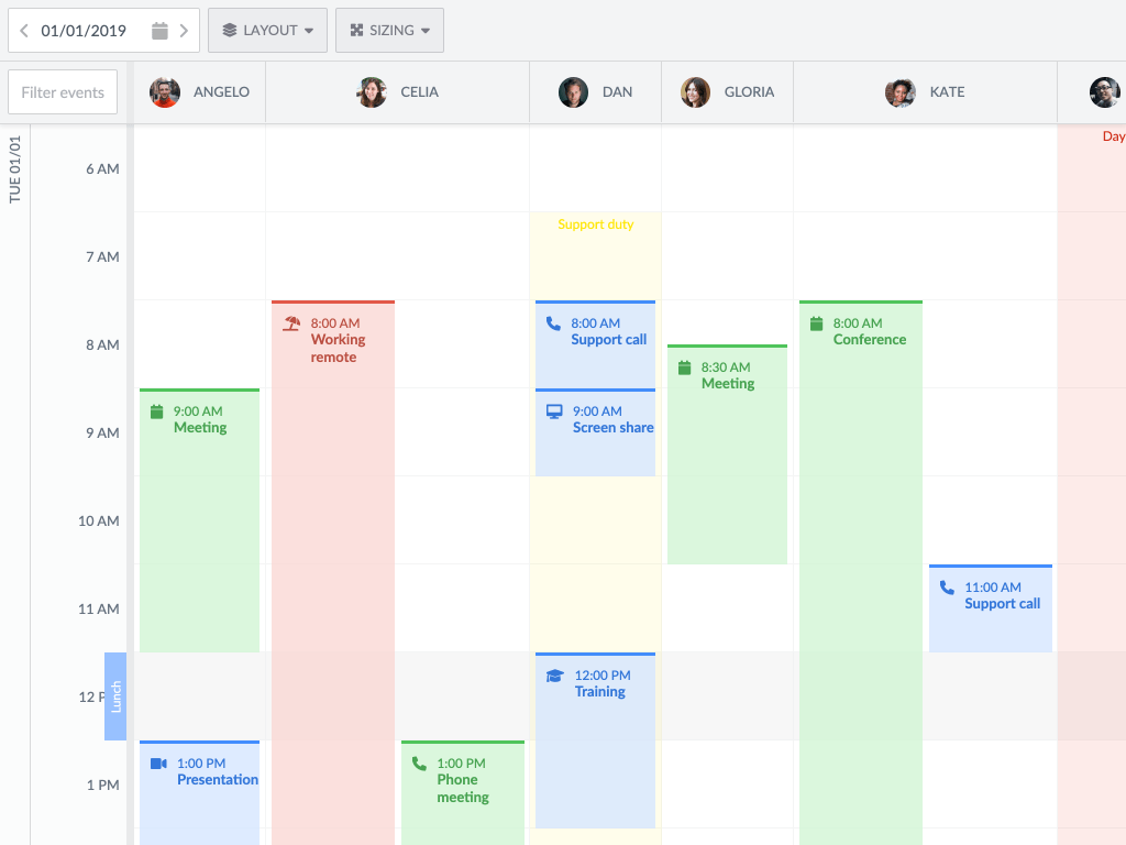 Vertical mode with column widths - Shows a basic scheduler using vertical mode with defined column widths