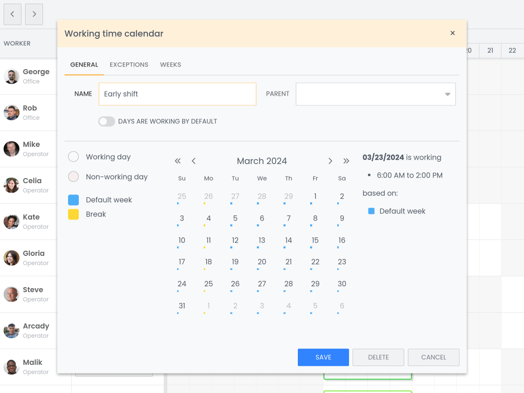 Pro Calendar editor demo - Shows Calendar editor allowing to modify resource working hours