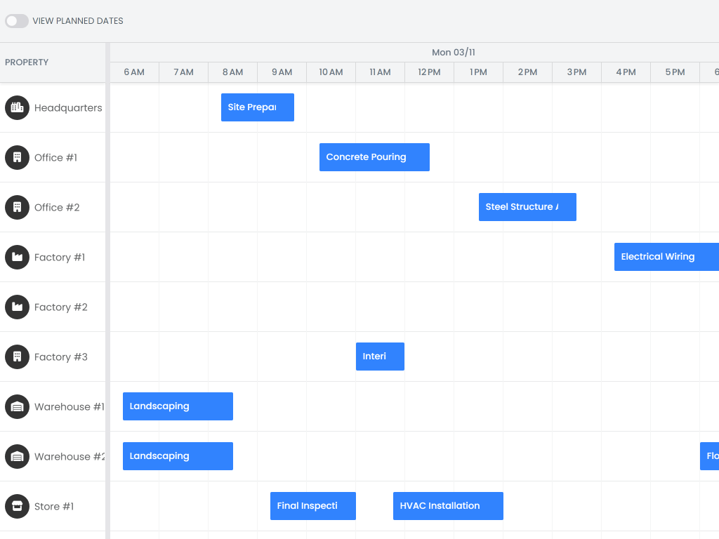 Planned vs Actual demo - Toggle between showing planned dates and actual dates
