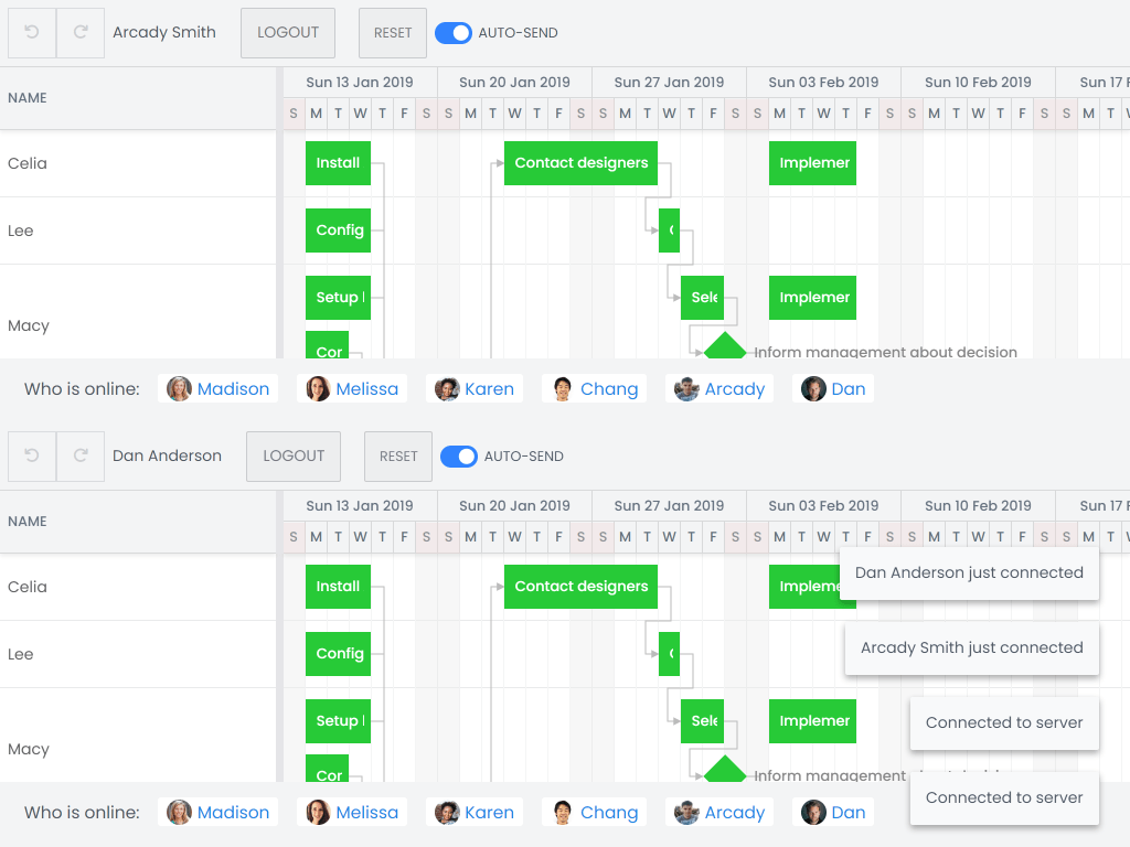 SchedulerPro realtime updates demo - Shows changes made by other clients in real time