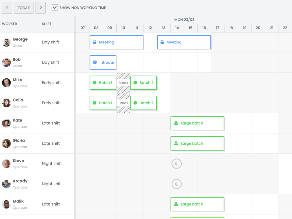 Pro Resource non-working time demo - Shows a Scheduler Pro setup with a working hour calendars per resource