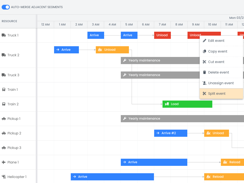 Pro Split events demo - Shows the events split to segments that can be dragged and resized individually