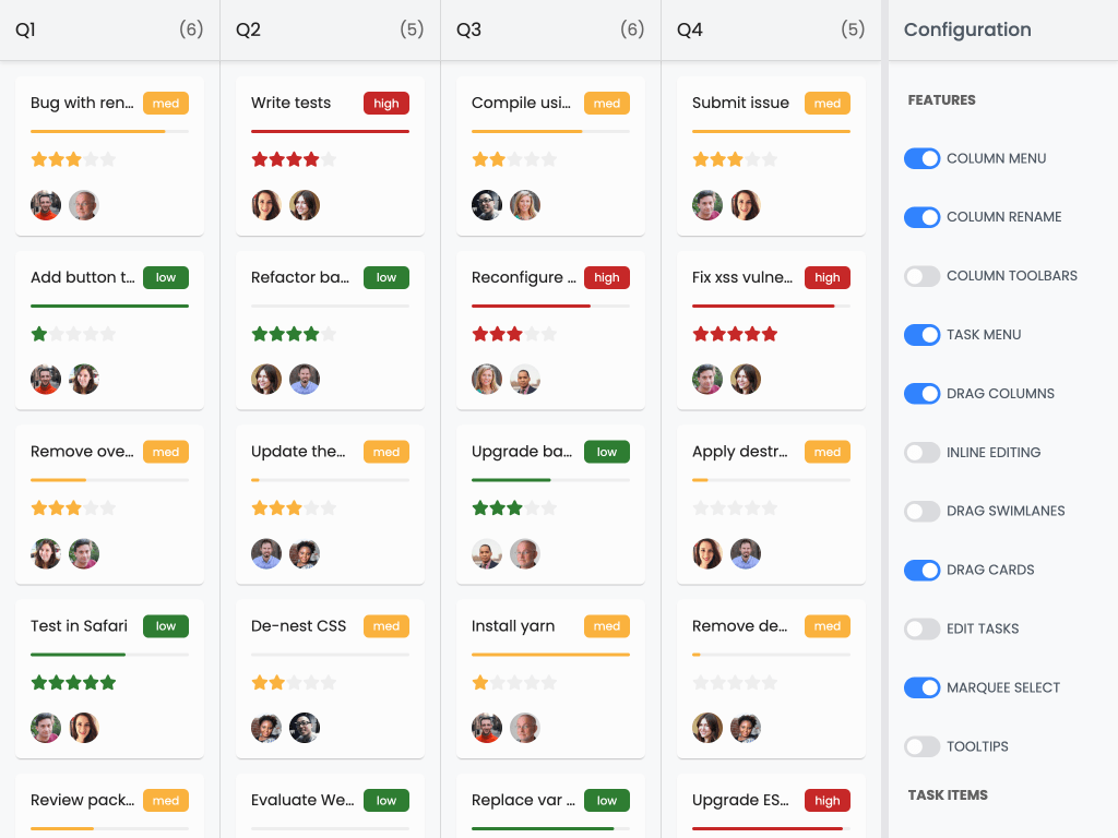 Configuration panel demo - This example has a configuration panel that lets you try different TaskBoard settings