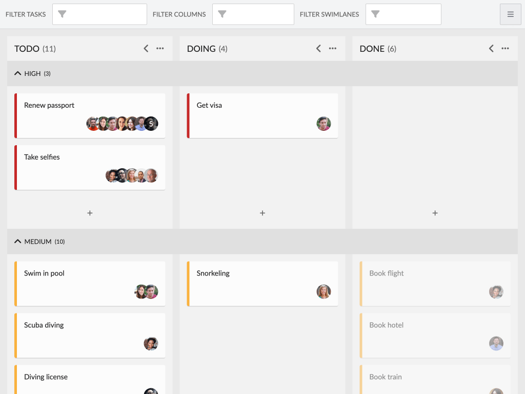Filtering demo - This example shows how to filter columns, swimlanes and tasks on the TaskBoard