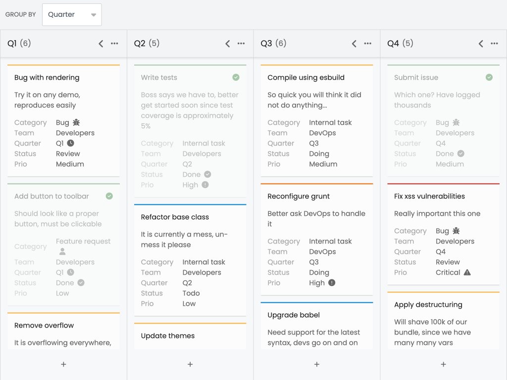 Group-by demo - This example shows how to which field is used to assign a task to a column.