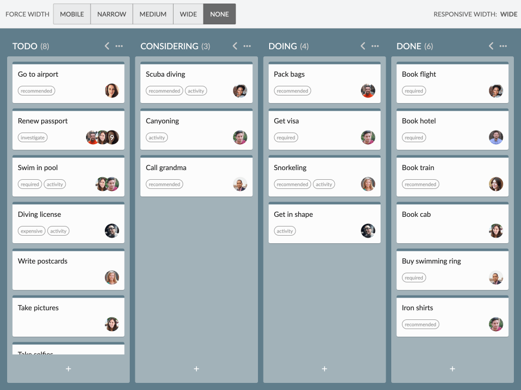 Responsive demo - This example uses responsive breakpoints to reconfigure the TaskBoard based on its dimensions