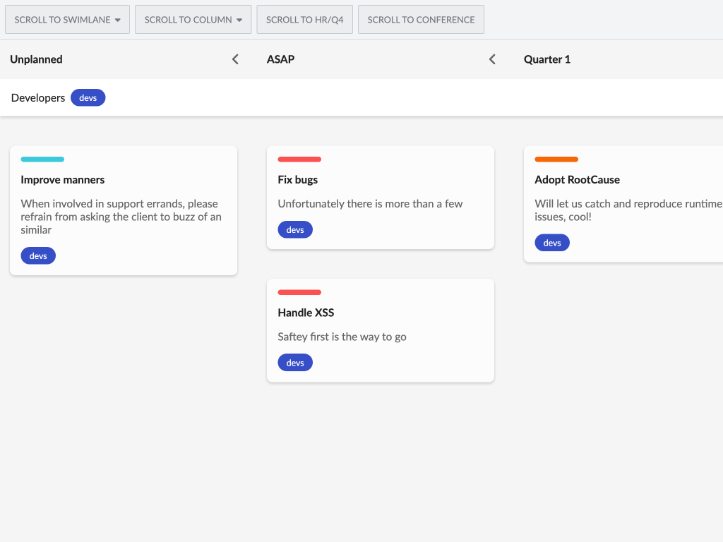 Scrolling demo - This example shows how to programmatically scroll to tasks, columns and swimlanes