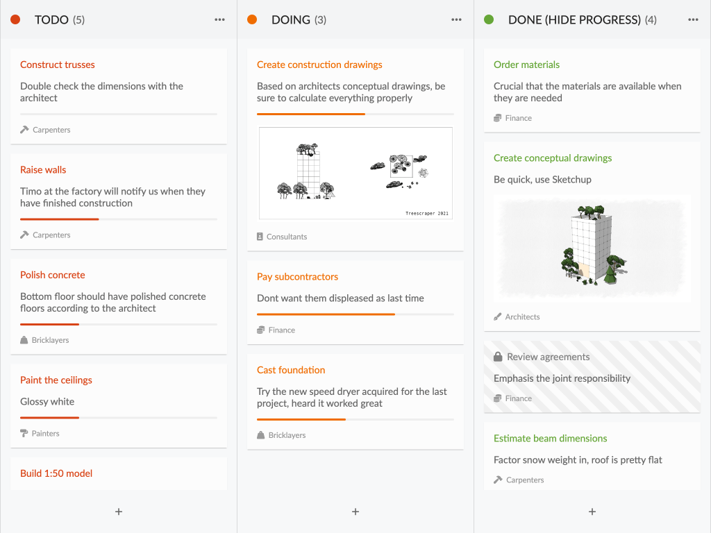 Task items - This example shows how to use task items to add additional content to the cards.
