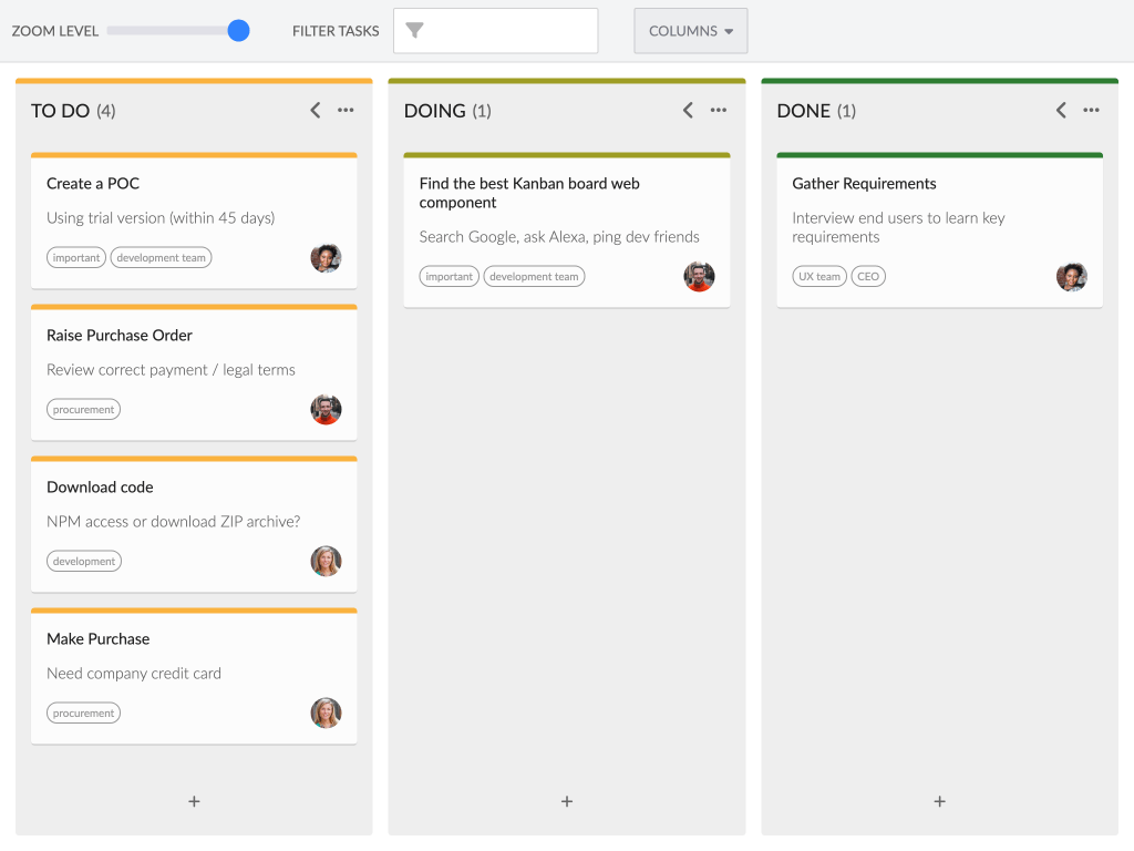Web Components demo - This example shows how to use the Custom elements version of the task board