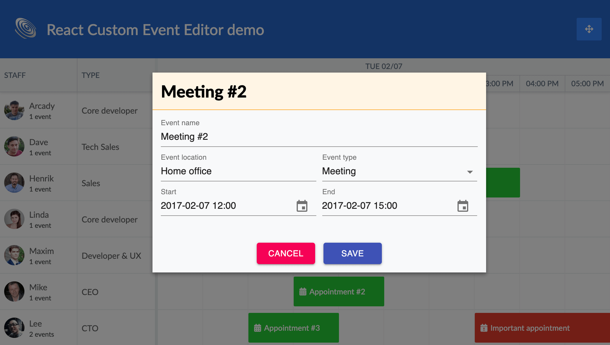 Custom event editor in React